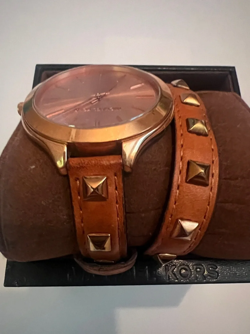 Michael Kors Rose Gold Dial with Tan Studded Wrap Strap Watch